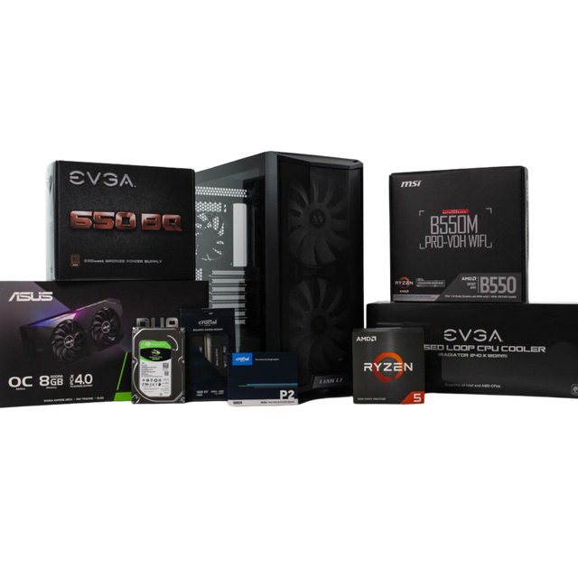 Image with gaming PC components including Lian Li 205 Lancool case, MSI B550M motherboard, EVGA 650W power supply, EVGA closed loop CPU cooler, Ryzen 5 5600X, Crucial 500GB SSD, Crucial 16GB RAM kit, ASUS 3070 GPU, and Seagate 500GB HDD.