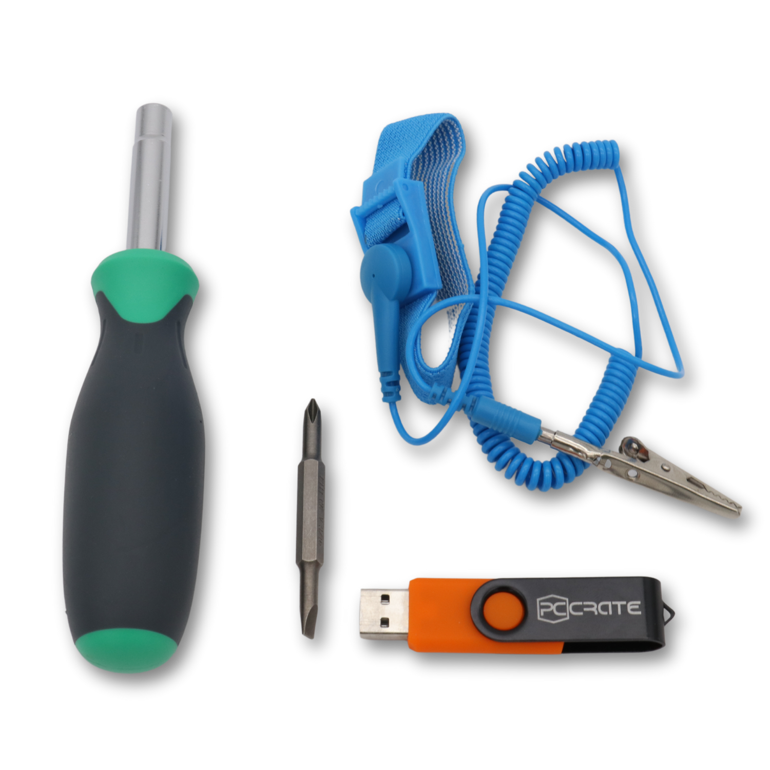 PC Crate toolkit including screwdriver, USB thumb drive, and anti-static wrist strap